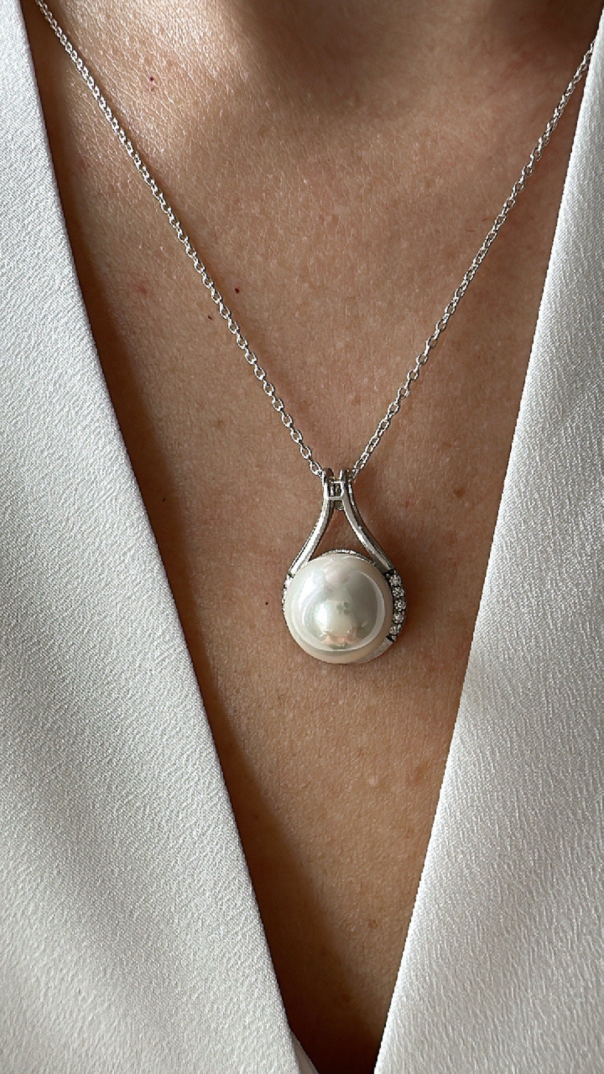 White Pearl in Sterling Silver Circle Charm -Dainty