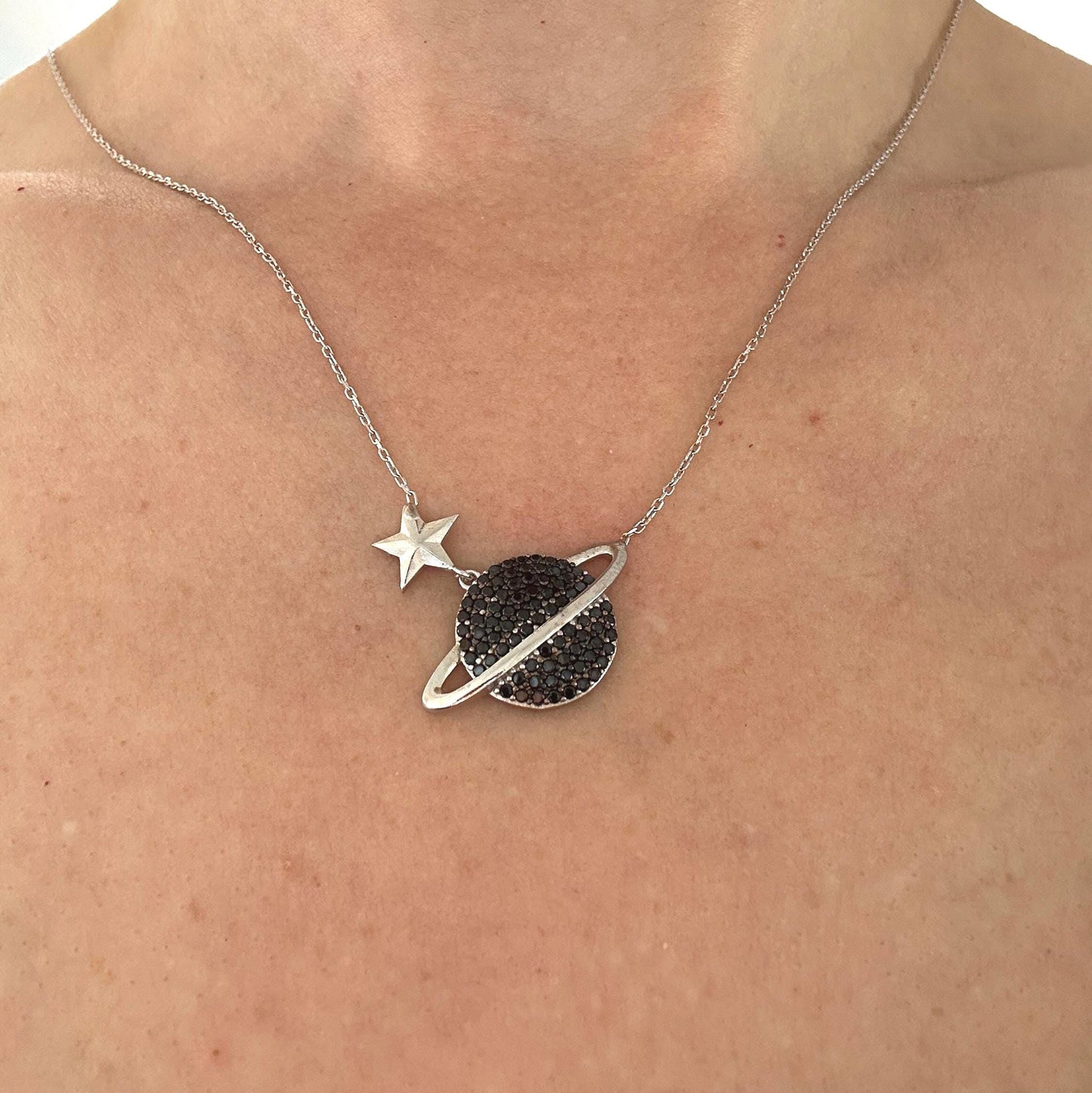 Glamorous Cosmic Necklace - Black Zircon Saturn Pendant in Sterling Silver -Gift for Her