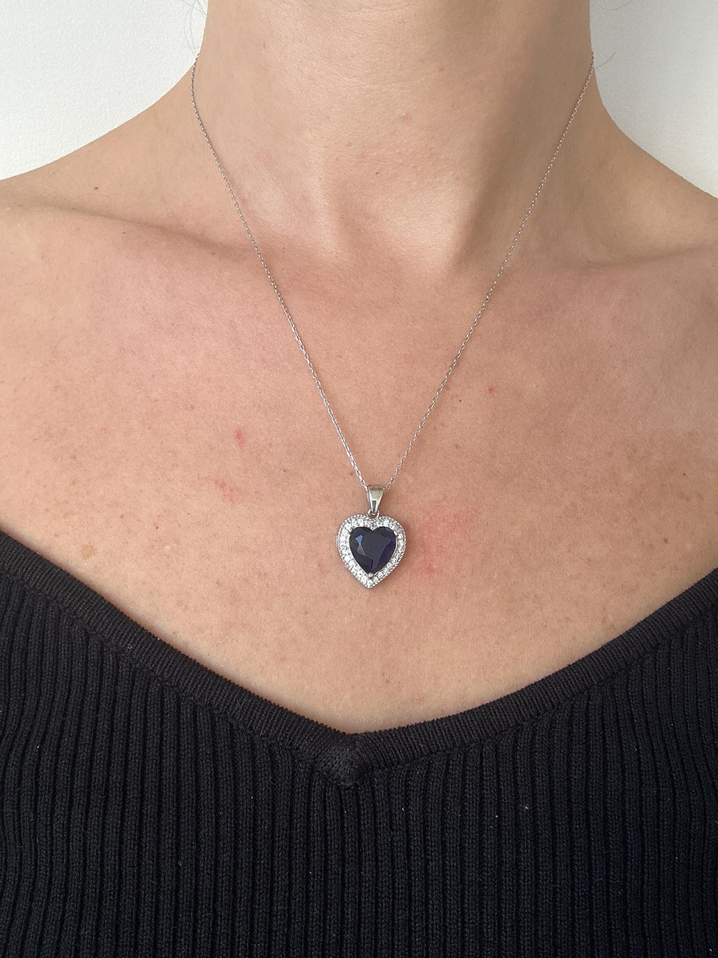 Sapphire Heart Sterling Silver Necklace & Earrings Set - September Birthstone