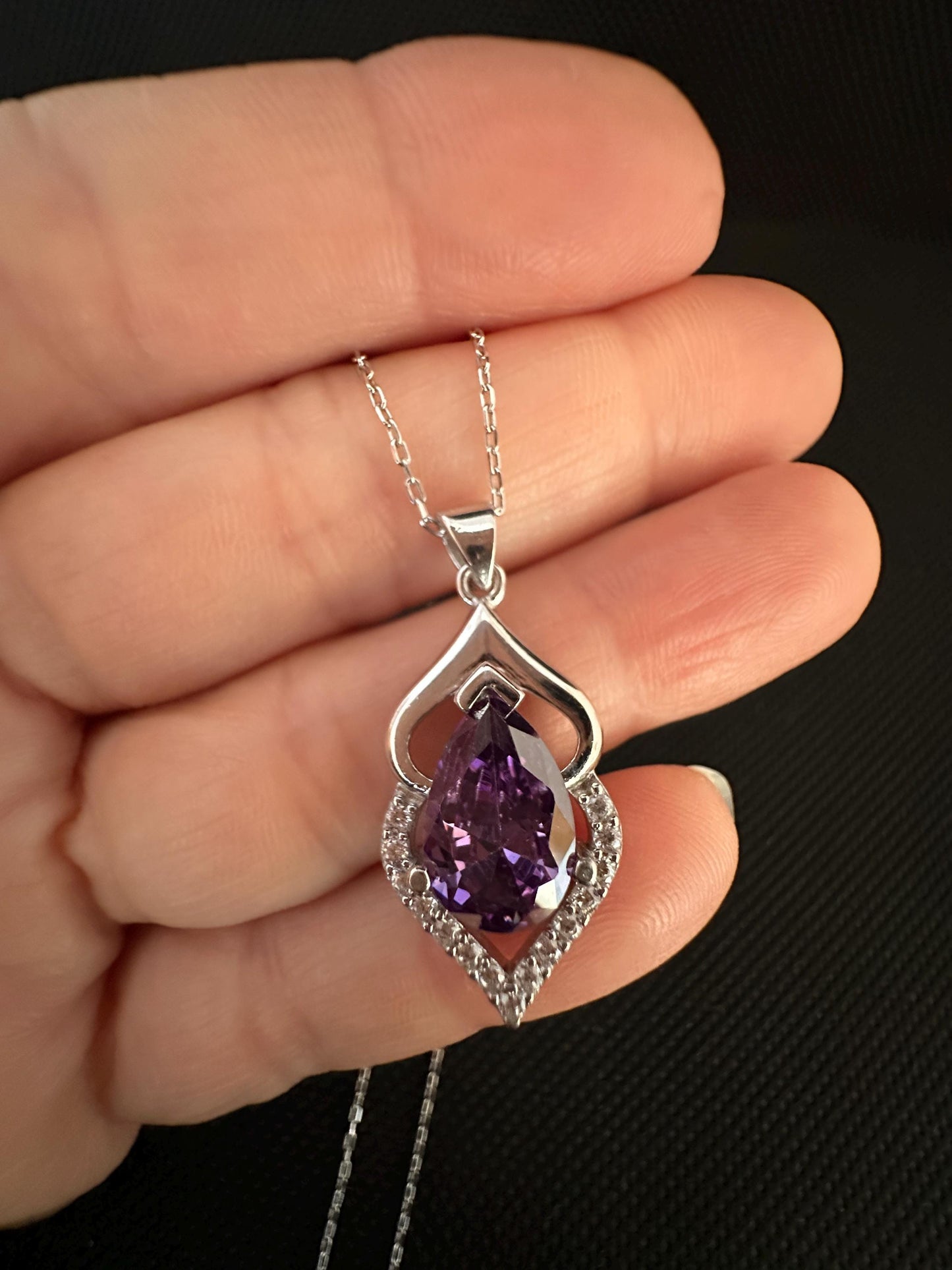 Pear Cut Amethyst Pendant Necklace in Sterling Silver - February Birthstone -
