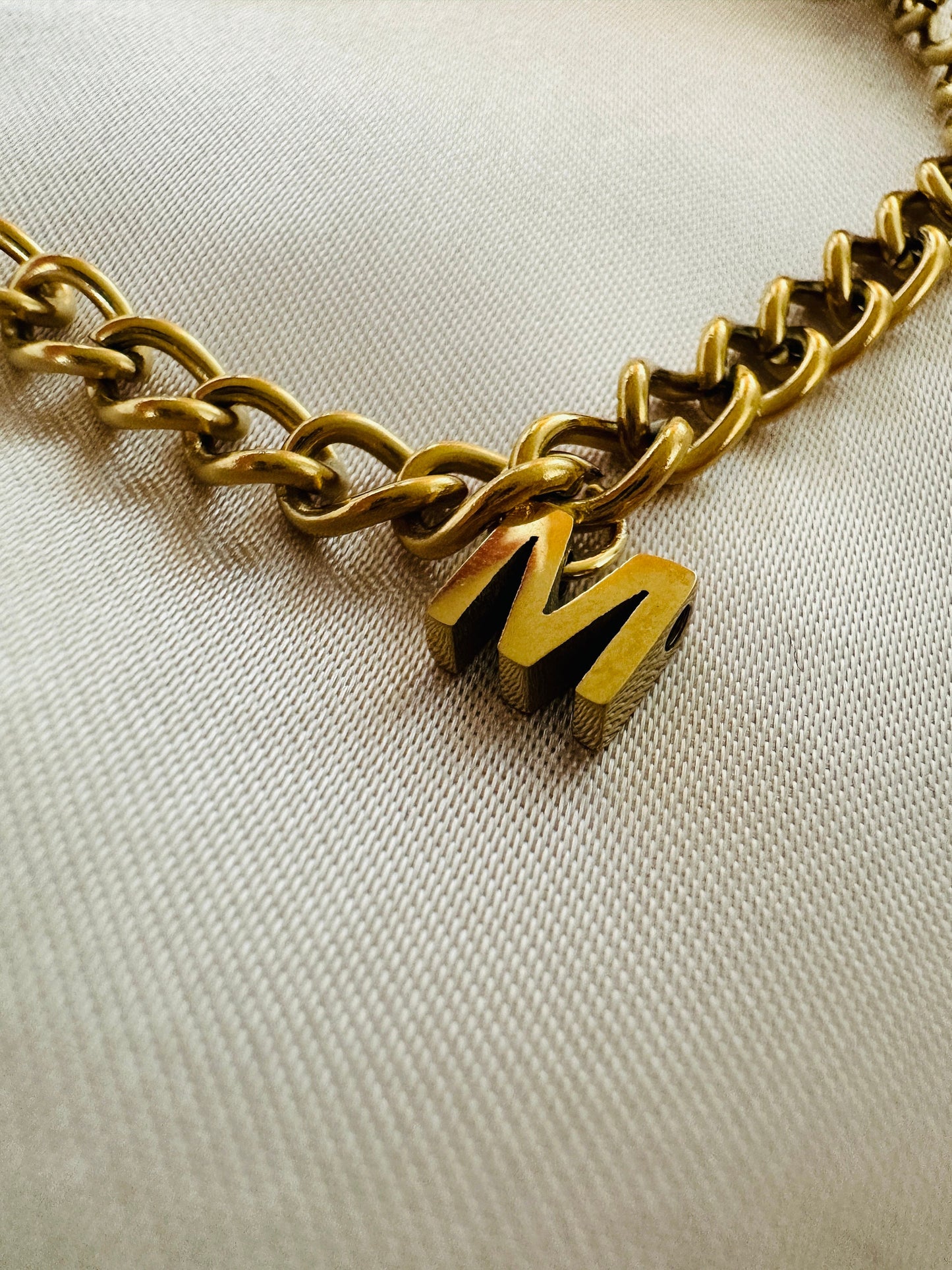 Gold Initial Bracelet: Personalized Letter Charm, Stainless Steel Curb Chain