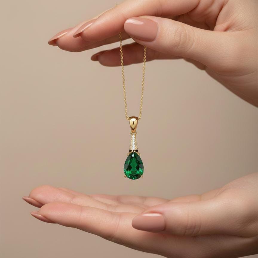 Emerald Gold Vermeil Necklace - May Birthstone Jewelry