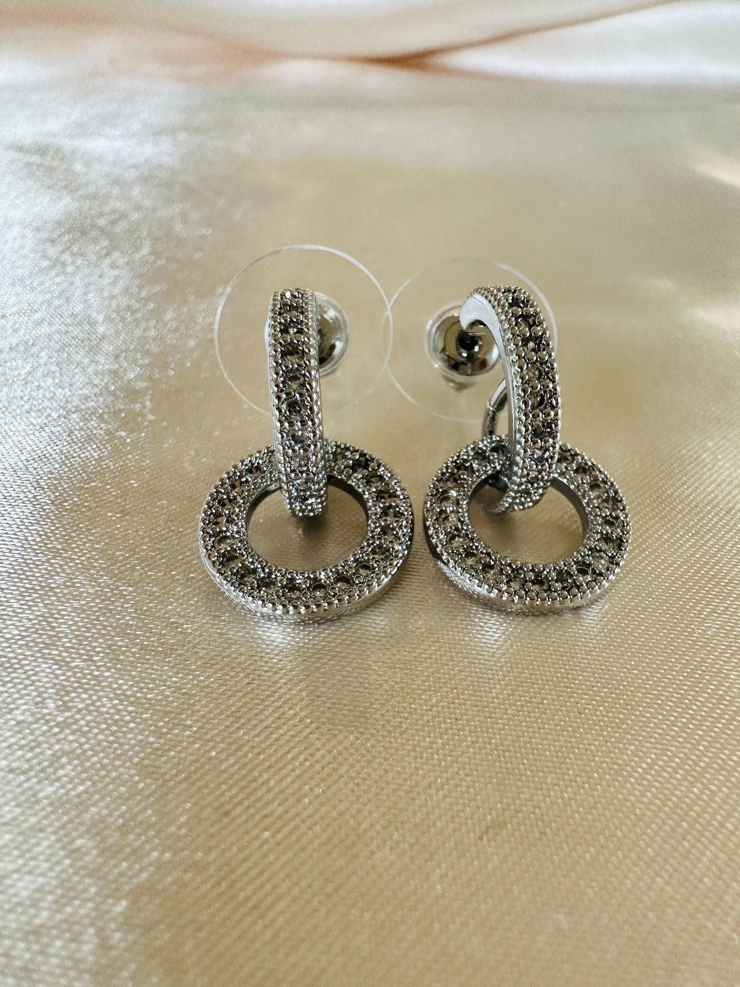 Cubic Zircon Dangle Drop Earrings: Silver Double Circle