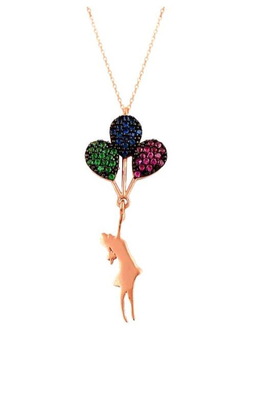 Sterling Silver Balloon Pendant Necklace - Rose Gold Flying Girl with Zircon