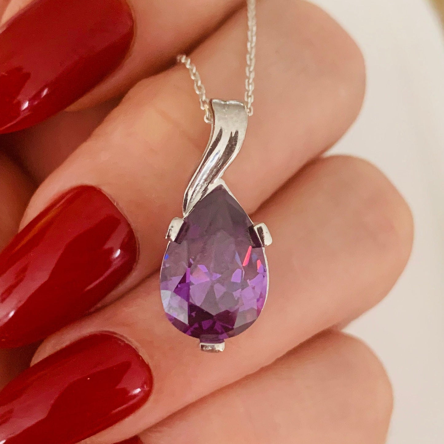 Dainty Amethyst Teardrop Necklace - February Birthstone Pendant