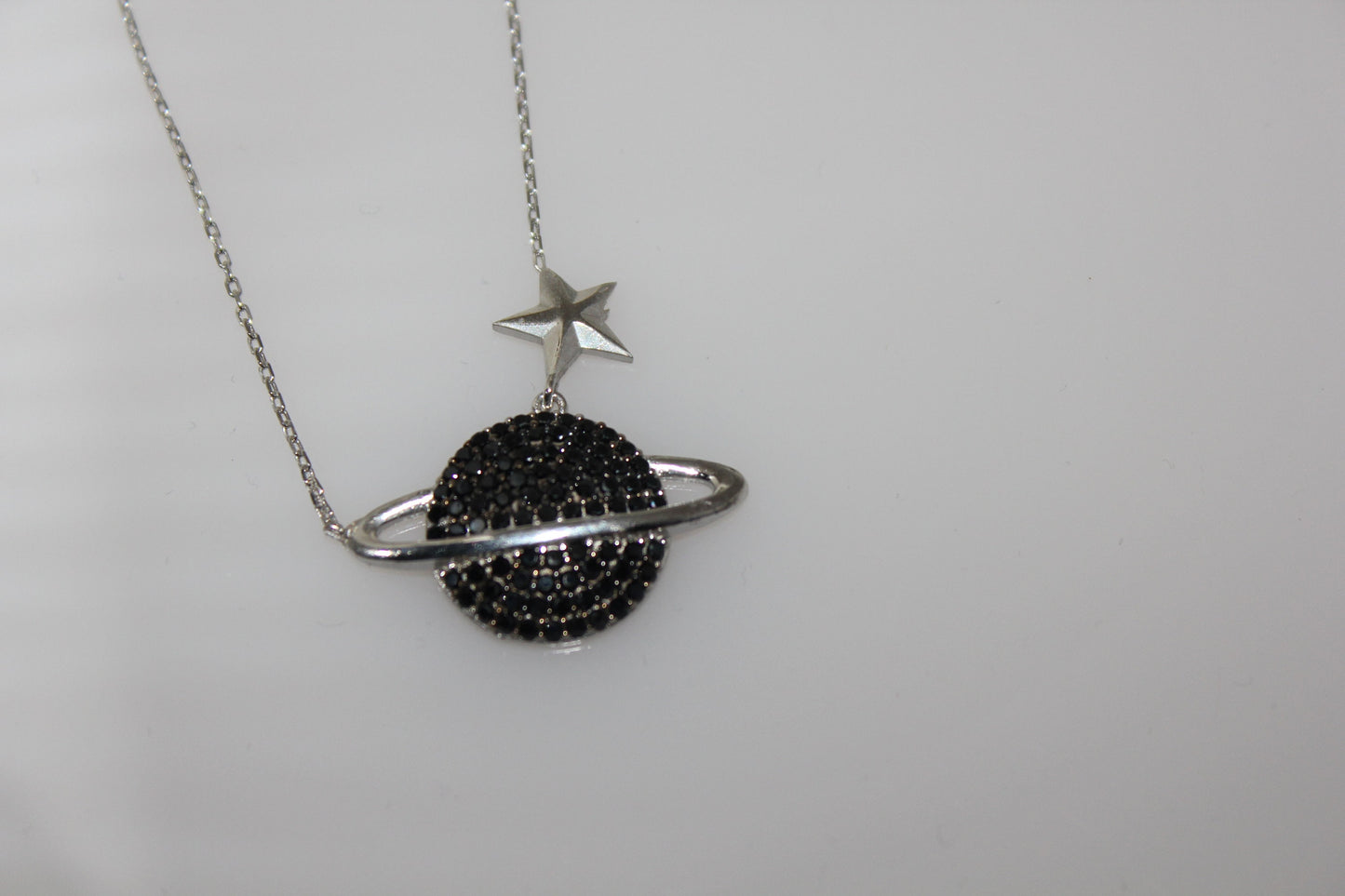 Black Stone Silver Planet Necklace