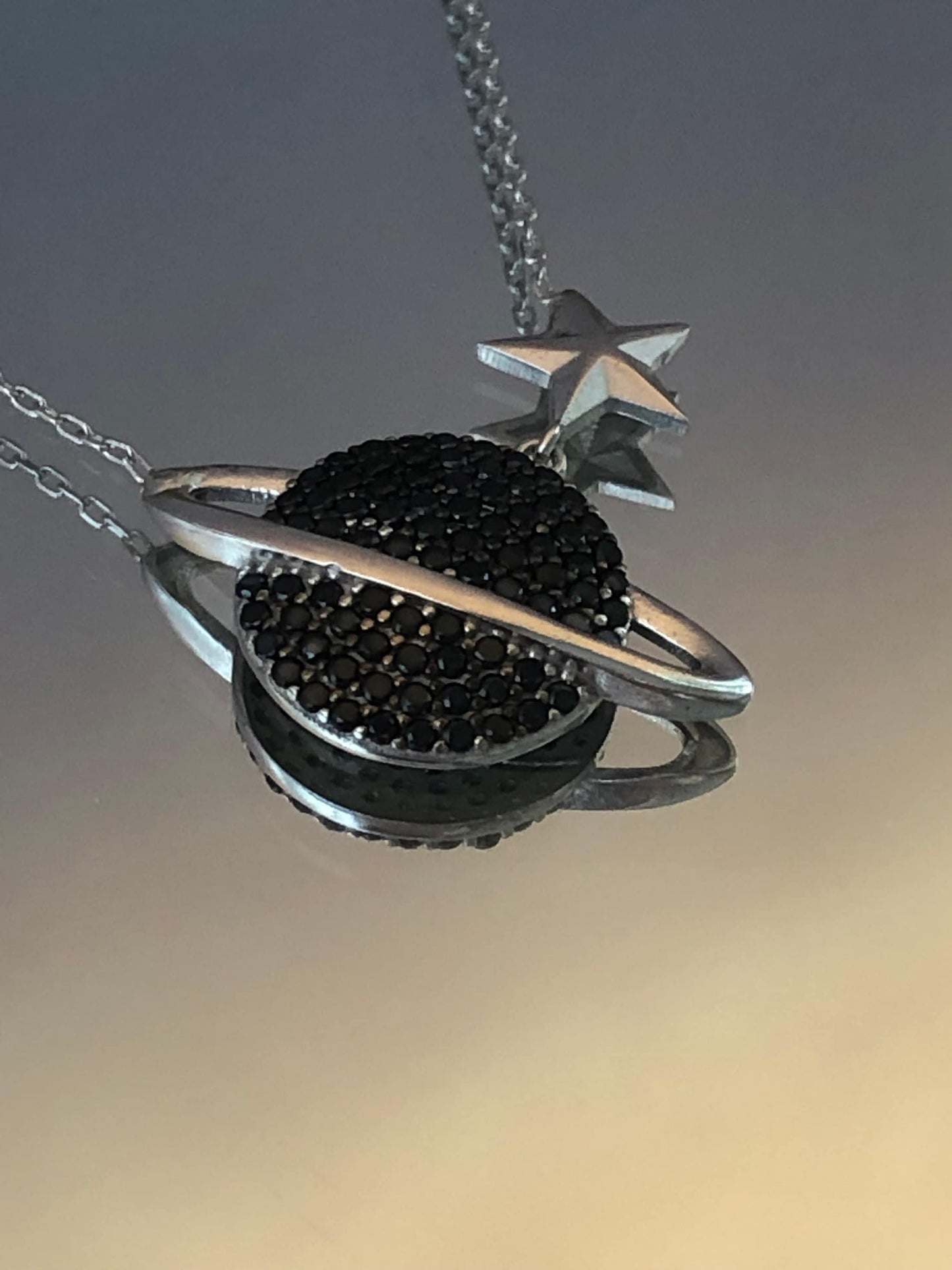 Black Stone Silver Planet Necklace