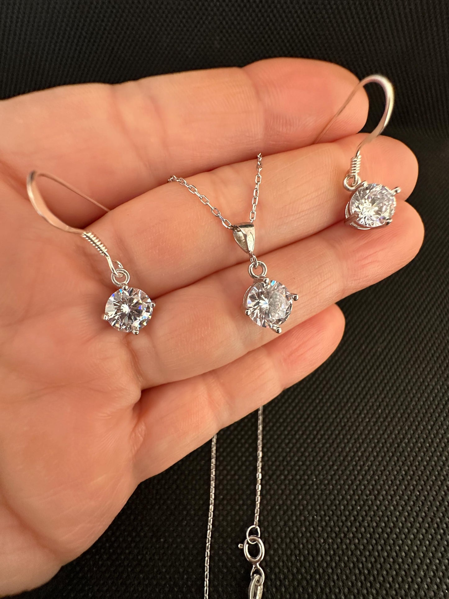 Sterling Silver Cubic Zirconia Solitaire Necklace & Earrings Set