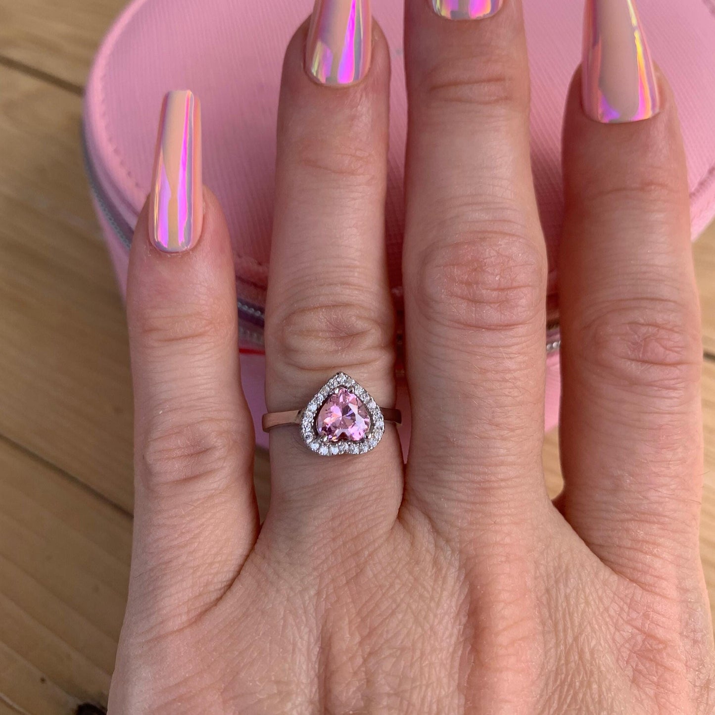 Sterling Silver Heart Ring with Pink Tourmaline - Birthstone Jewelry