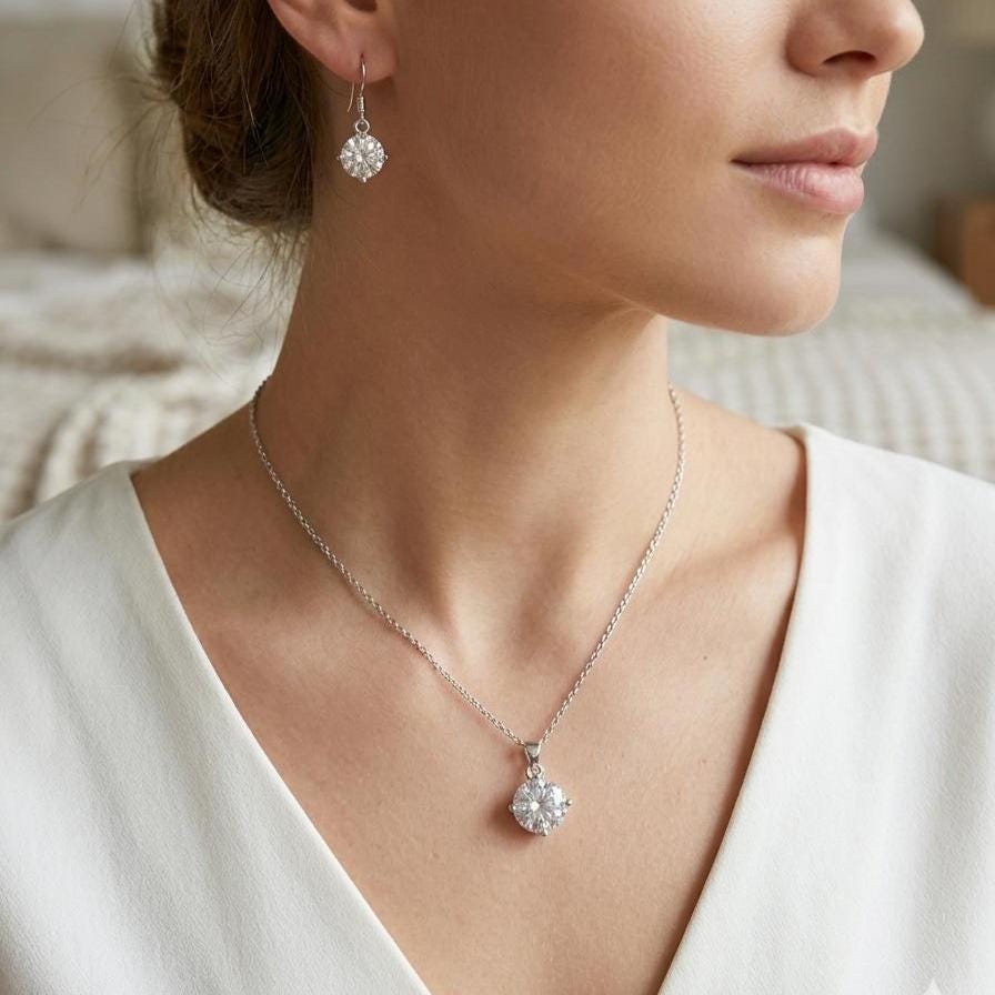 Cubic Zirconia Solitaire Necklace with Matching Sterling Silver Earrings Set