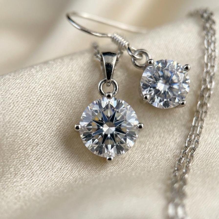 Cubic Zirconia Solitaire Necklace with Matching Sterling Silver Earrings Set