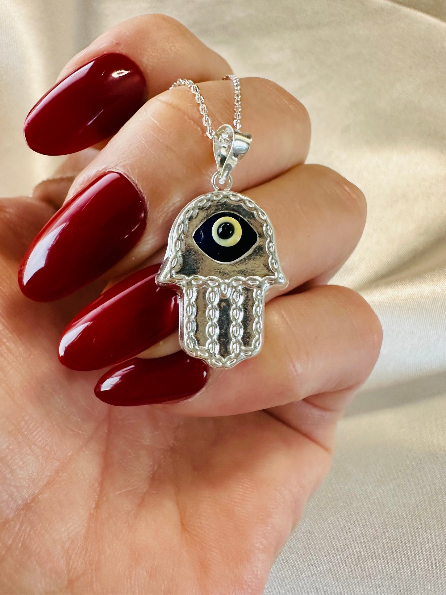 Sterling Silver Hamsa Hand Necklace - Evil Eye Pendant - Gift for Her