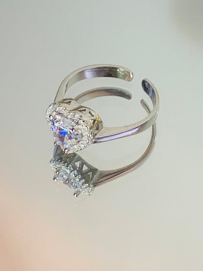 925 Sterling Silver Heart Zircon Promise Ring - Adjustable & Lovely Gift for Her