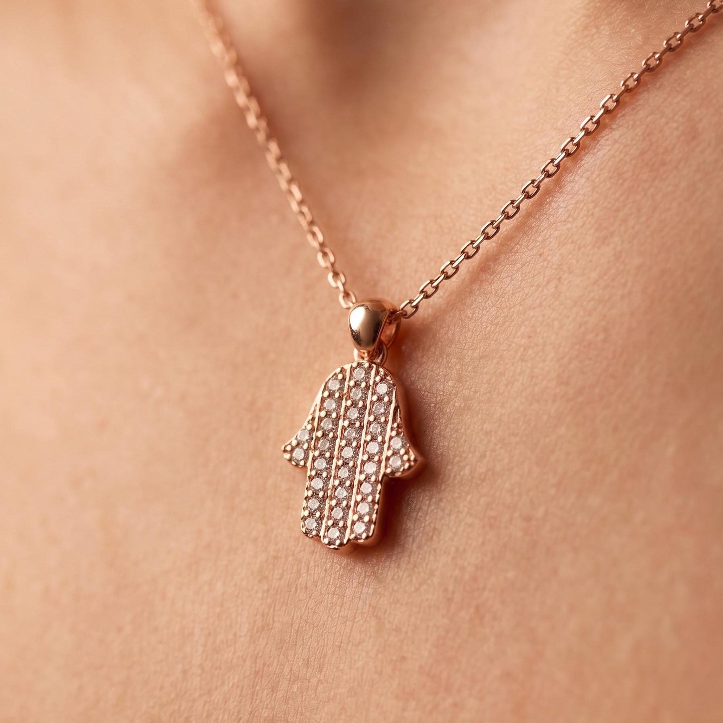Rose Gold Hamsa Necklace - Sterling Silver Hand of Fatima with Zircon Pendant