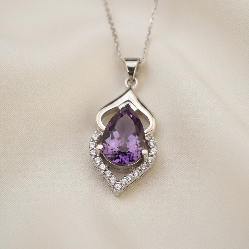 Pear Cut Amethyst Pendant Necklace in Sterling Silver - February Birthstone -