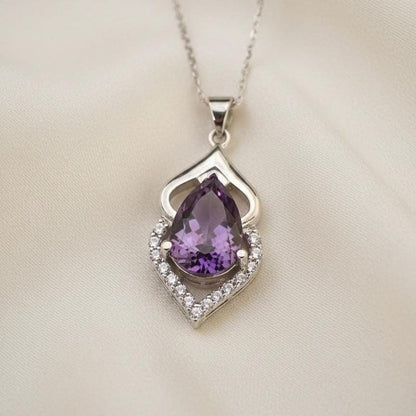 Pear Cut Amethyst Pendant Necklace in Sterling Silver - February Birthstone -