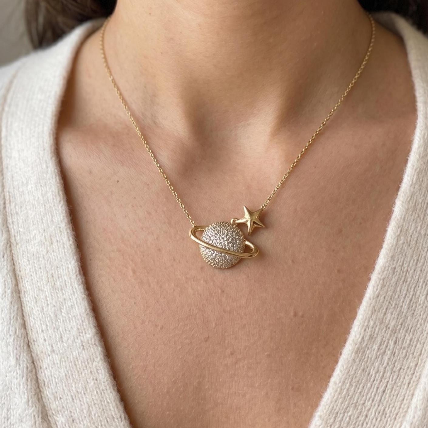 Gold Vermeil Saturn Pendant Necklace - Sterling Silver Zircon Planet Jewelry-Gift For Her