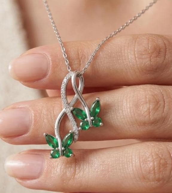 Dainty Emerald Butterfly Necklace in Sterling Silver – Infinity Pendant Necklace - - Gift for Her