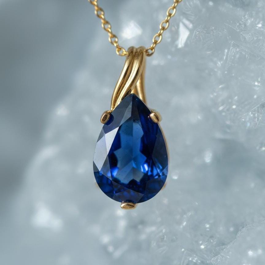Gold Vermeil Sapphire Teardrop Necklace - September Birthstone Pendant - Dainty Jewelry Gift for Her-