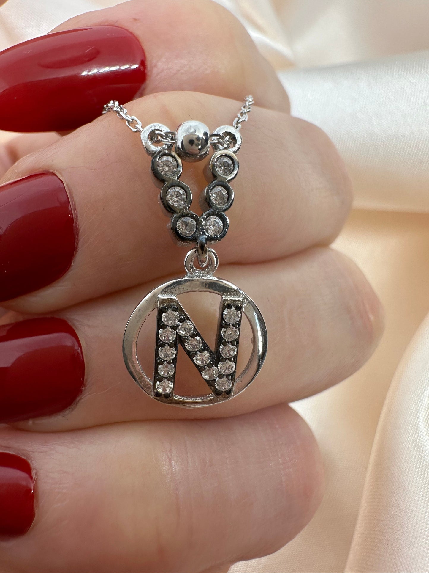 Custom Sterling Silver N Initial Necklace with Zircon Gem - Personalized Letter Jewelry