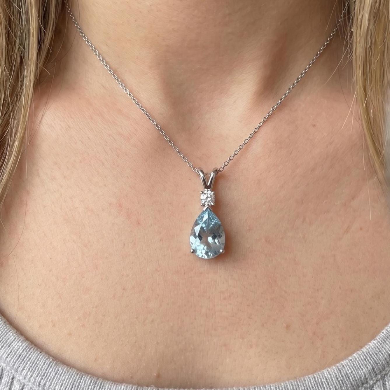 Aquamarine Minimalist Necklace - March Birthstone Pendant - Dainty Jewelry -925 Sterling Silver