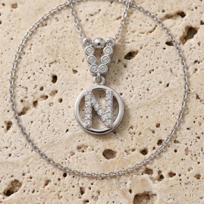 Custom Sterling Silver N Initial Necklace with Zircon Gem - Personalized Letter Jewelry