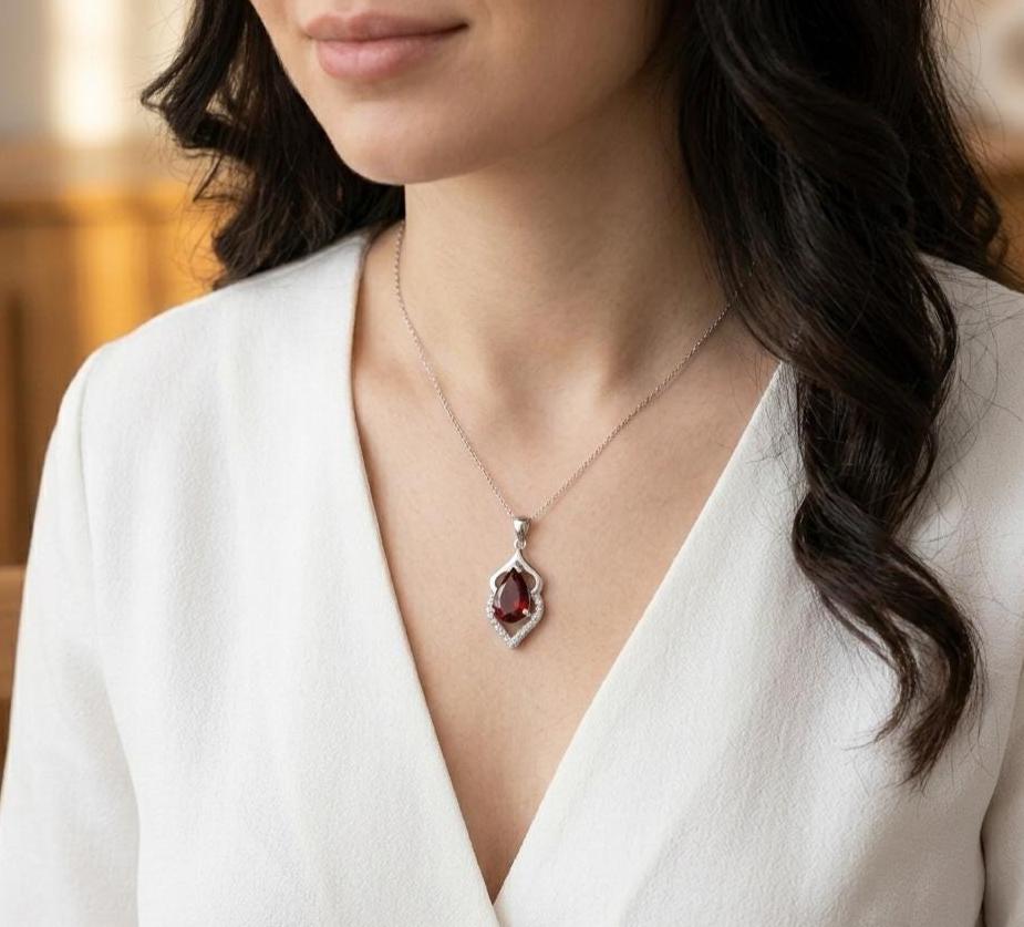 Pear Cut Ruby Pendant Necklace in Sterling Silver -July Birthstone -
