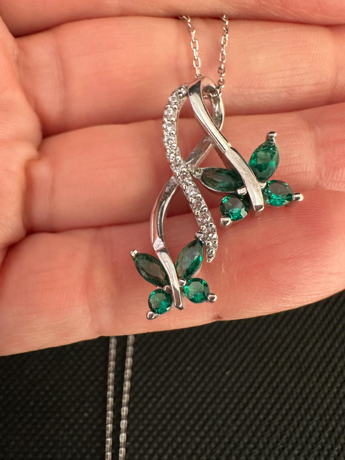 Dainty Emerald Butterfly Necklace in Sterling Silver – Infinity Pendant Necklace - - Gift for Her