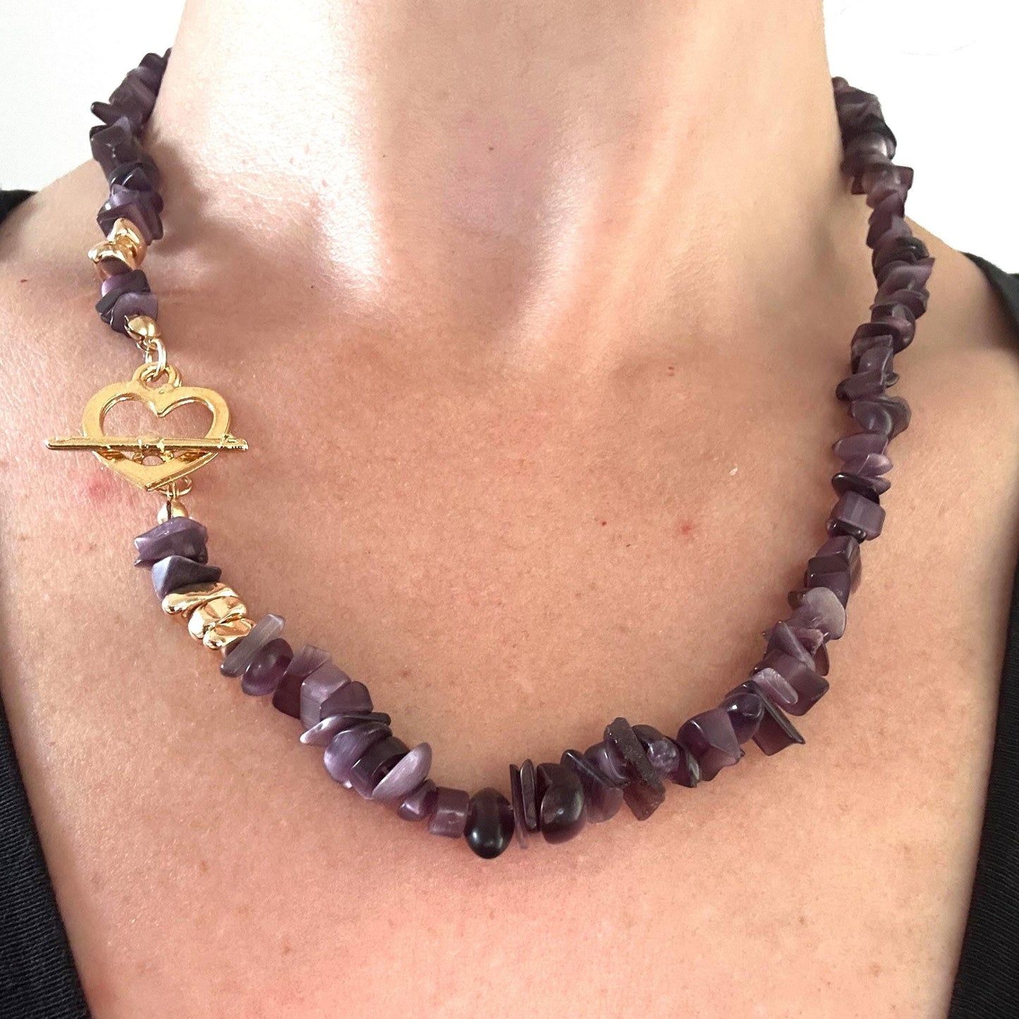 Handmade Raw Amethyst Chip Necklace - Gold Heart Clasp Design