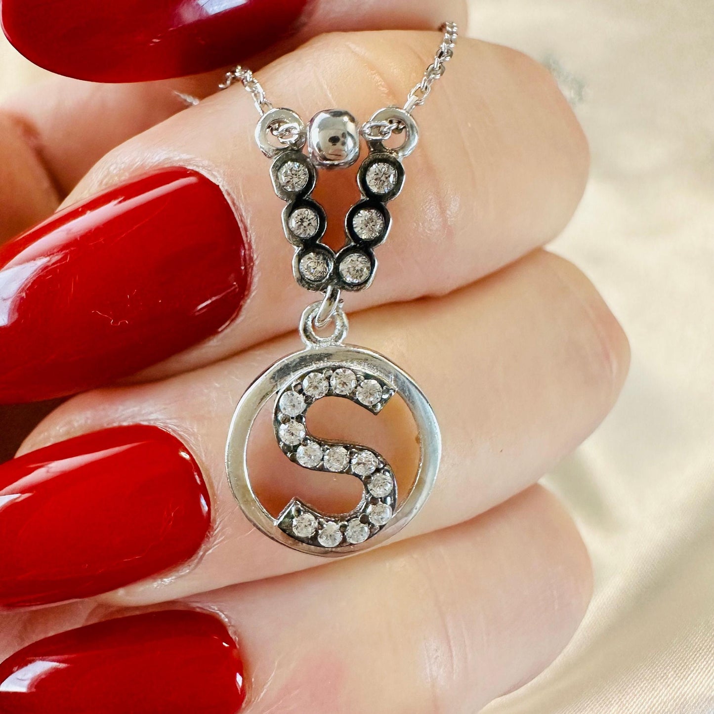 Custom Sterling Silver S Initial Necklace | Zircon Letter Pendant