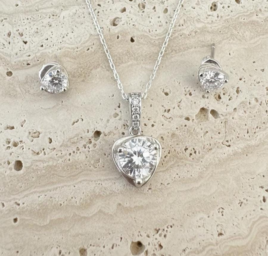 Minimalist Sterling Silver Heart Necklace & Earrings Set -