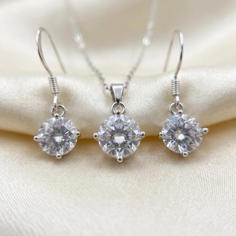 Sterling Silver Cubic Zirconia Solitaire Necklace & Earrings Set