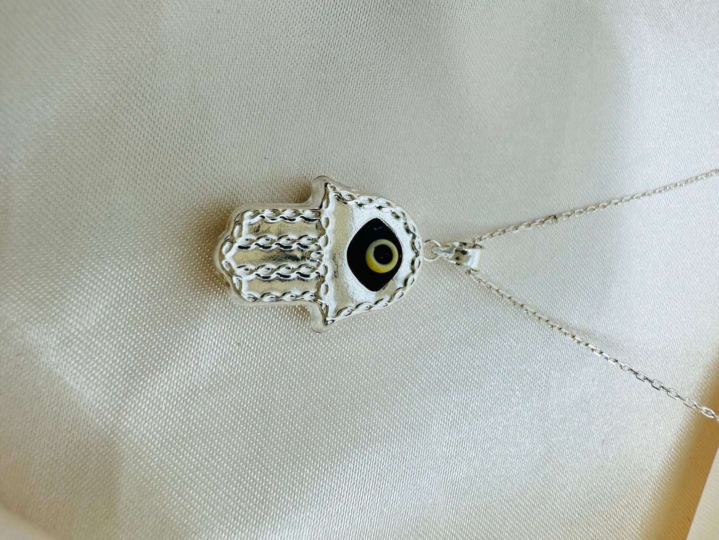 Sterling Silver Hamsa Hand Necklace - Evil Eye Pendant - Gift for Her