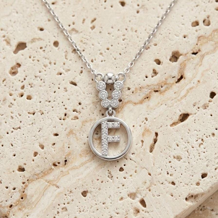 Custom Sterling Silver F Initial Necklace with Zircon Letter Charm
