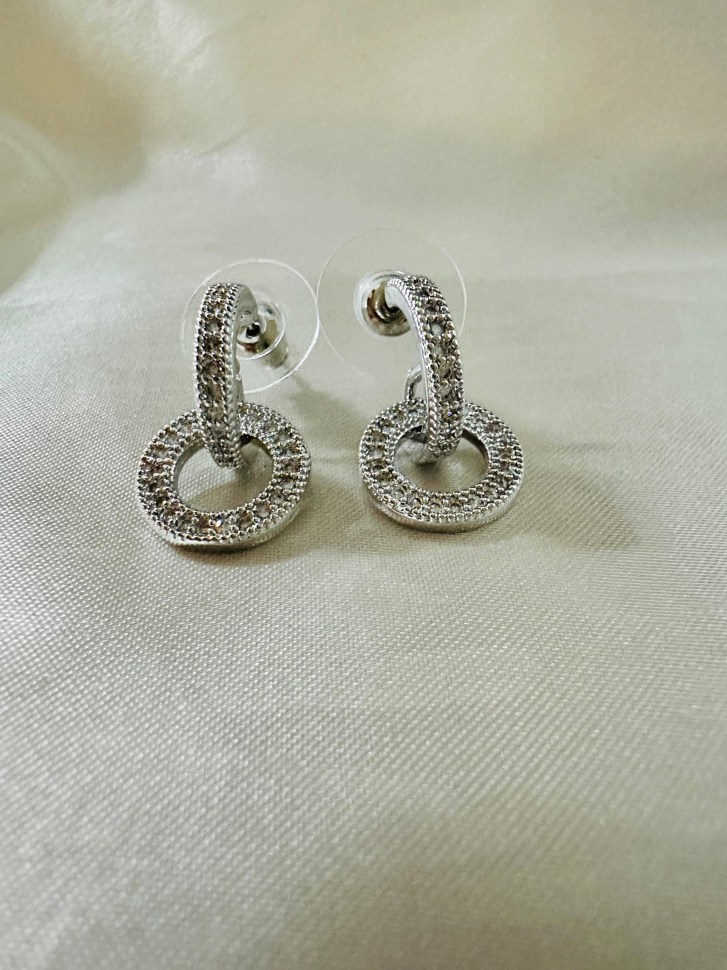 Cubic Zircon Dangle Drop Earrings: Silver Double Circle