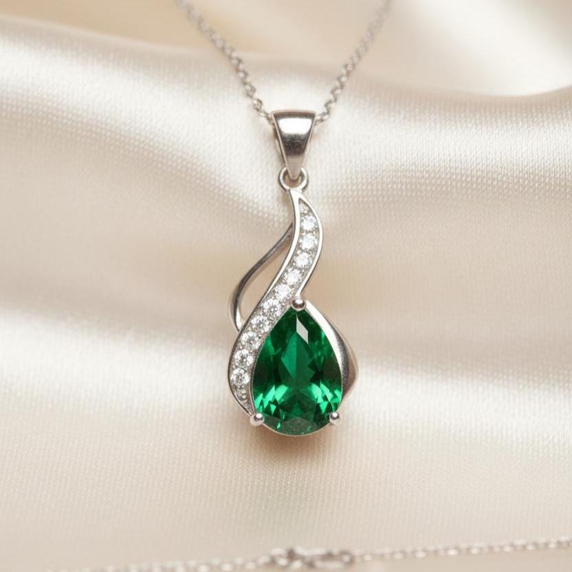 Emerald Teardrop Necklace – Sterling Silver May Birthstone Pendant -