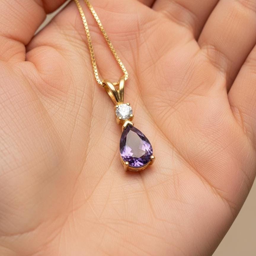 Gold Vermeil Amethyst Necklace - February Birthstone Pendant - Minimalist Jewelry