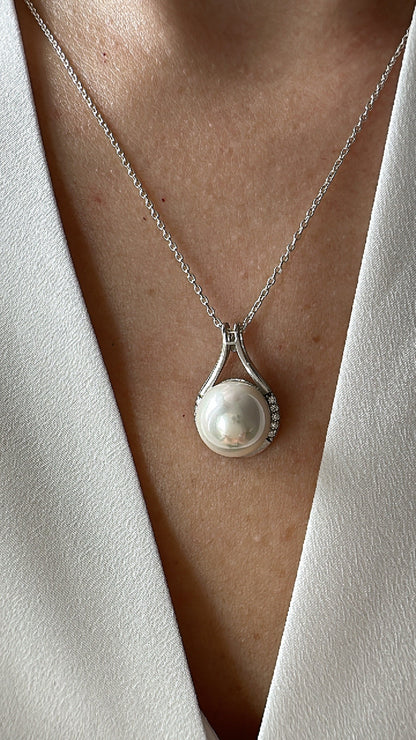 White Pearl in Sterling Silver Circle Charm -Dainty