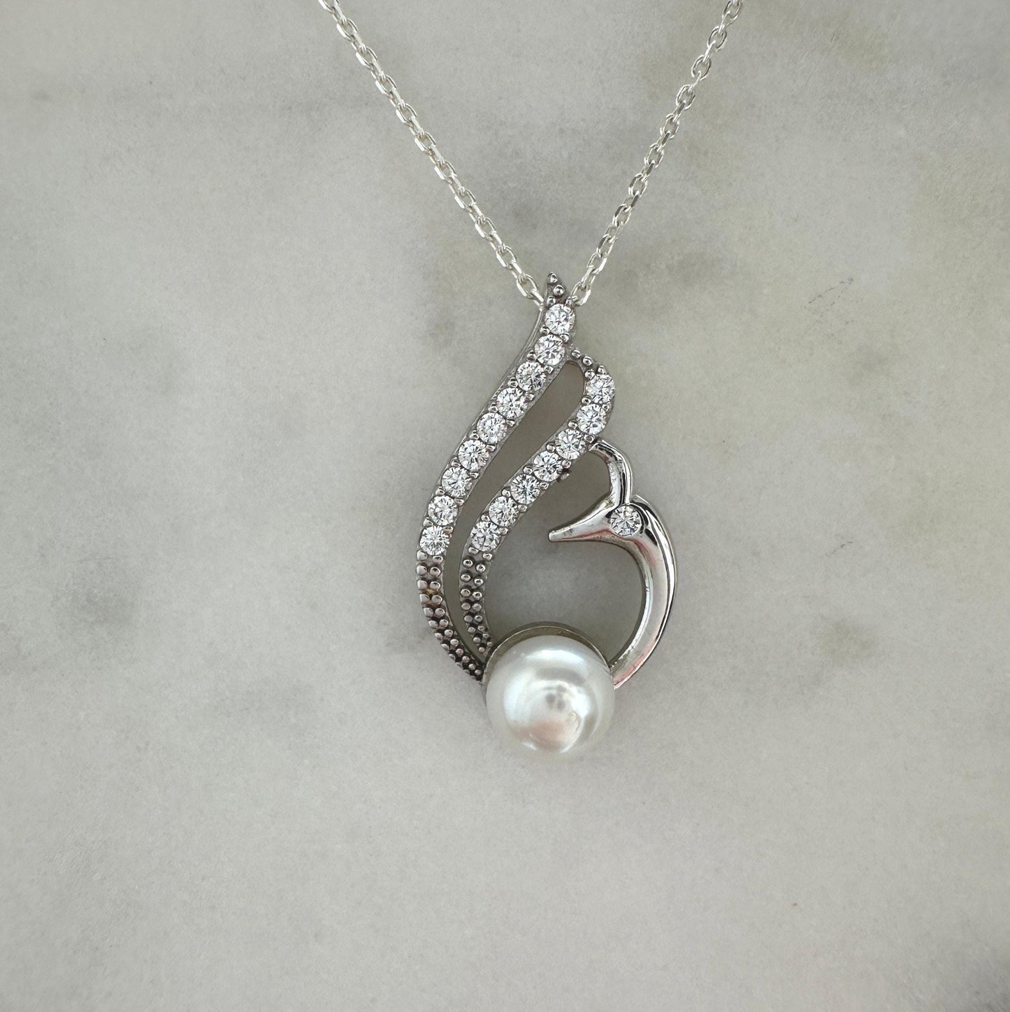 Swan Pearl Silver Necklace - June Birthstone Pendant Gift for Her