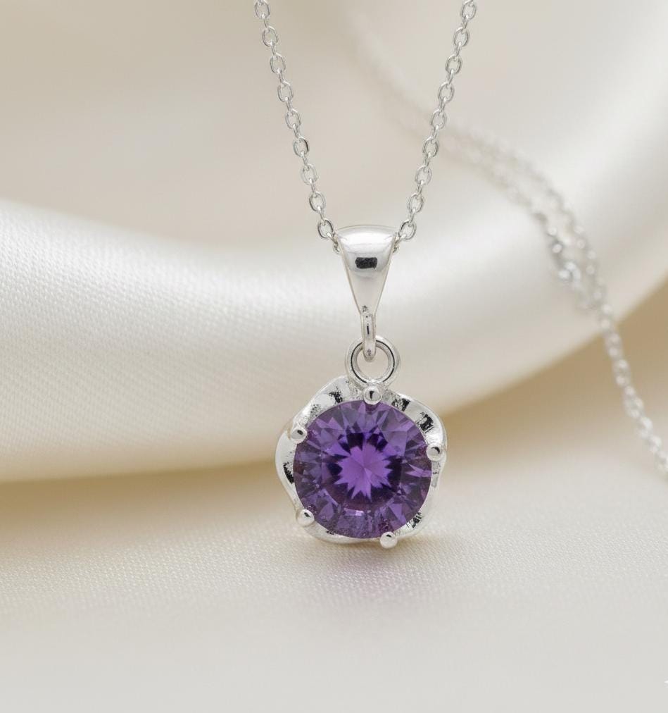 Amethyst Floral Pendant Necklace - Birthstone Jewelry for February Birthdays -