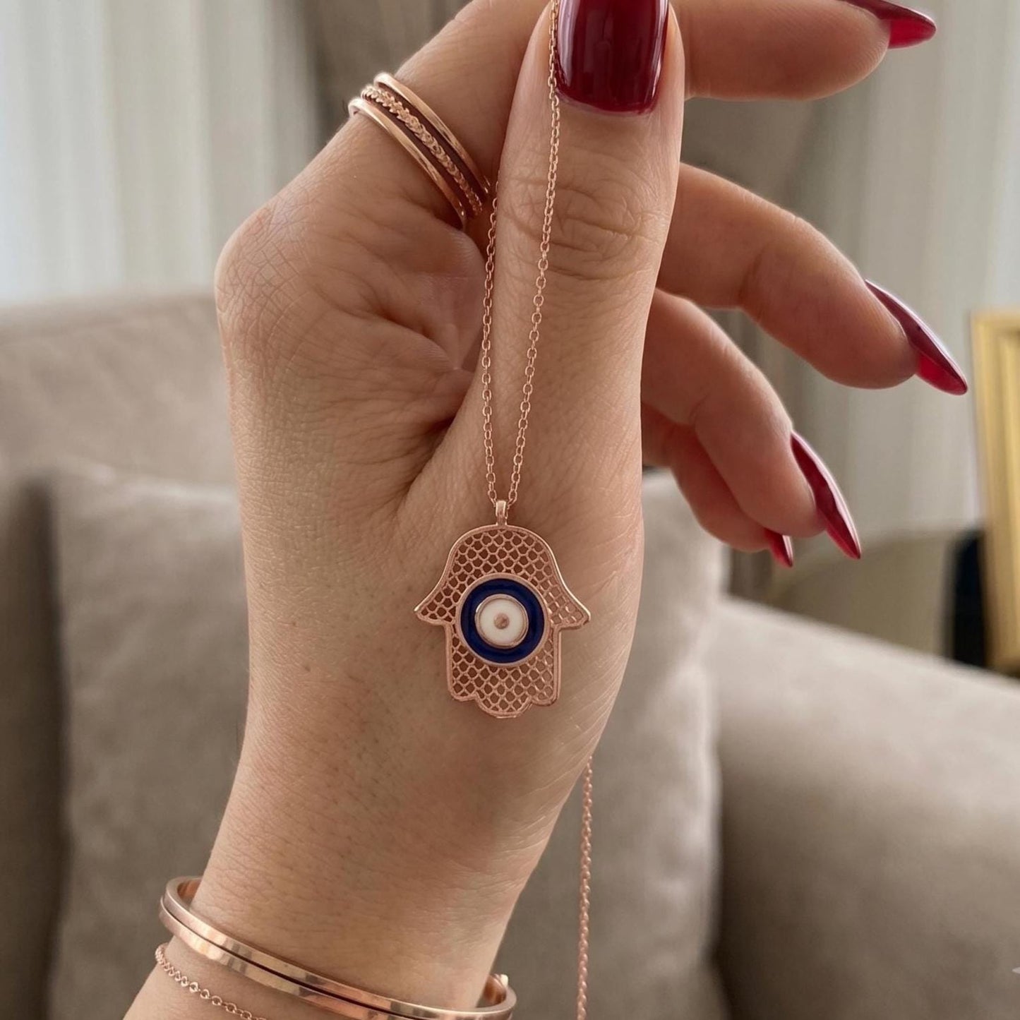 Rose Gold Hamsa Hand Necklace in Sterling Silver -Gift For Her