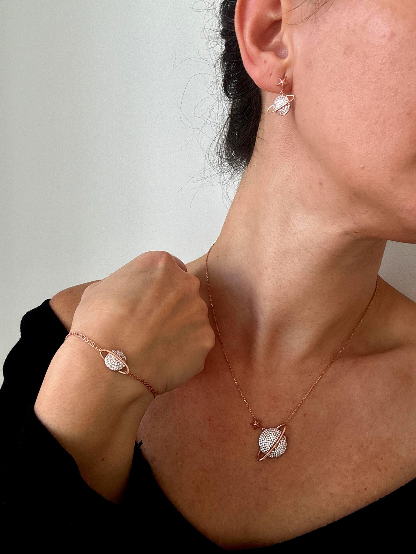 Saturn Planet Necklace Set in Sterling Silver - Celestial Jewelry- Gift for Her