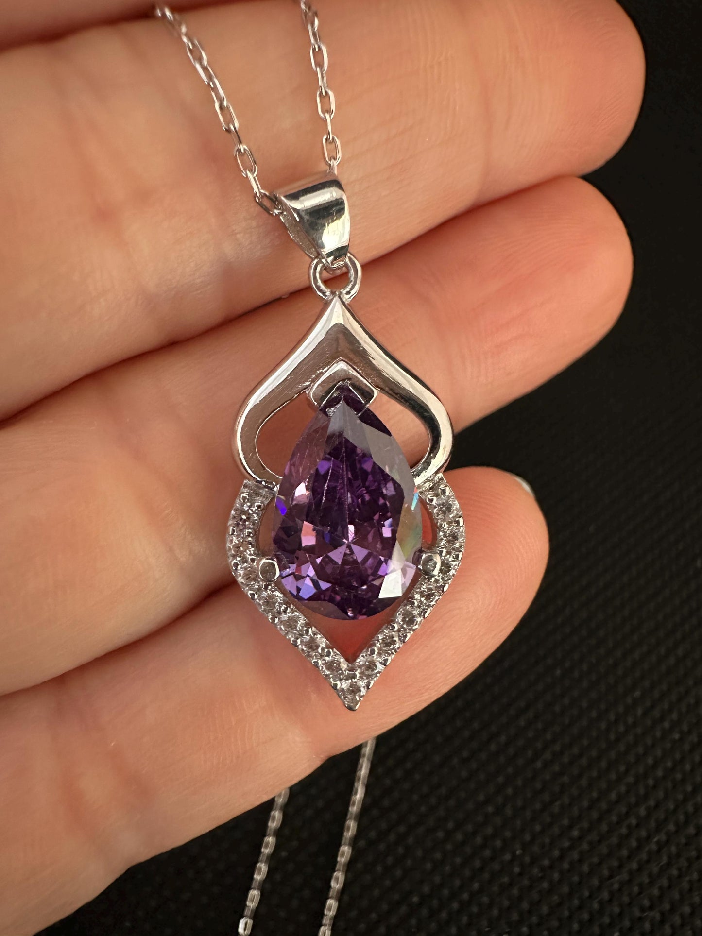 Pear Cut Amethyst Pendant Necklace in Sterling Silver - February Birthstone -