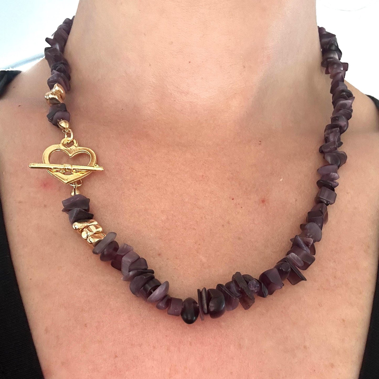 Handmade Raw Amethyst Chip Necklace - Gold Heart Clasp Design