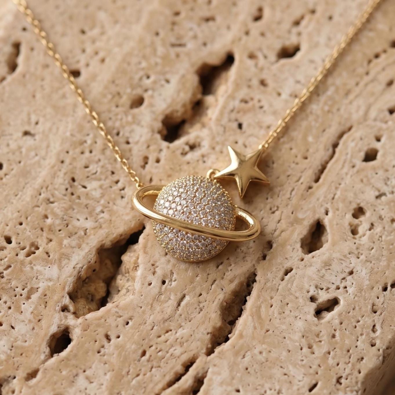 Gold Vermeil Saturn Pendant Necklace - Sterling Silver Zircon Planet Jewelry-Gift For Her