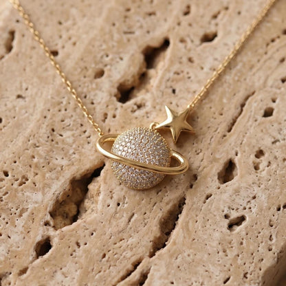Gold Vermeil Saturn Pendant Necklace - Sterling Silver Zircon Planet Jewelry-Gift For Her
