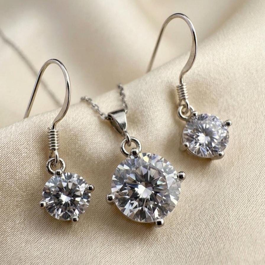 Cubic Zirconia Solitaire Necklace with Matching Sterling Silver Earrings Set