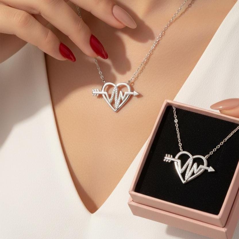 Sterling Silver Heartbeat Pendant Necklace with Glittering Zircon -