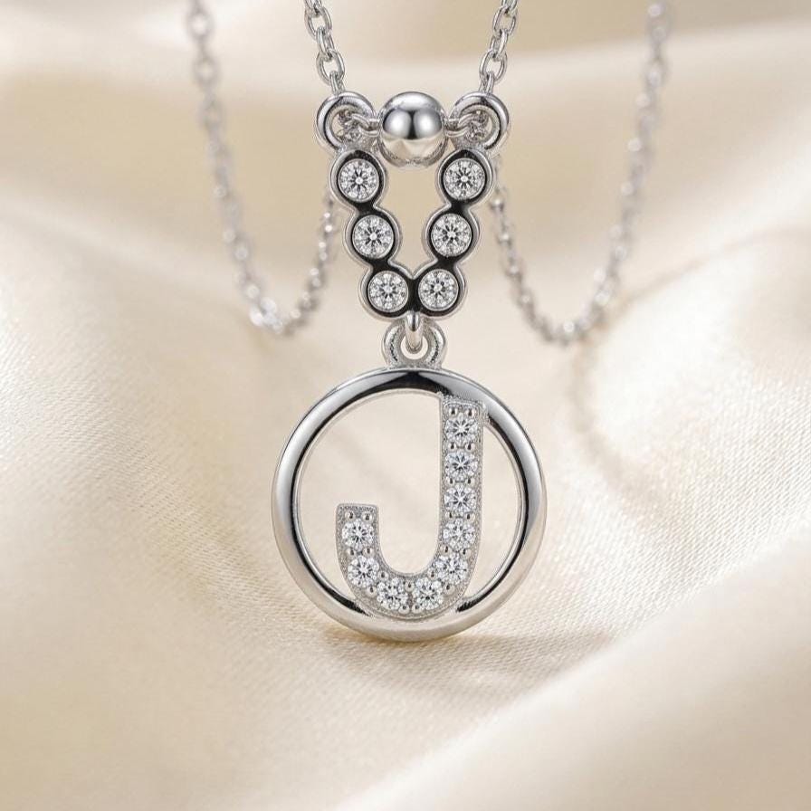 Custom Sterling Silver J Initial Necklace with Zircon Accent -Elegant Personalized Jewelry-