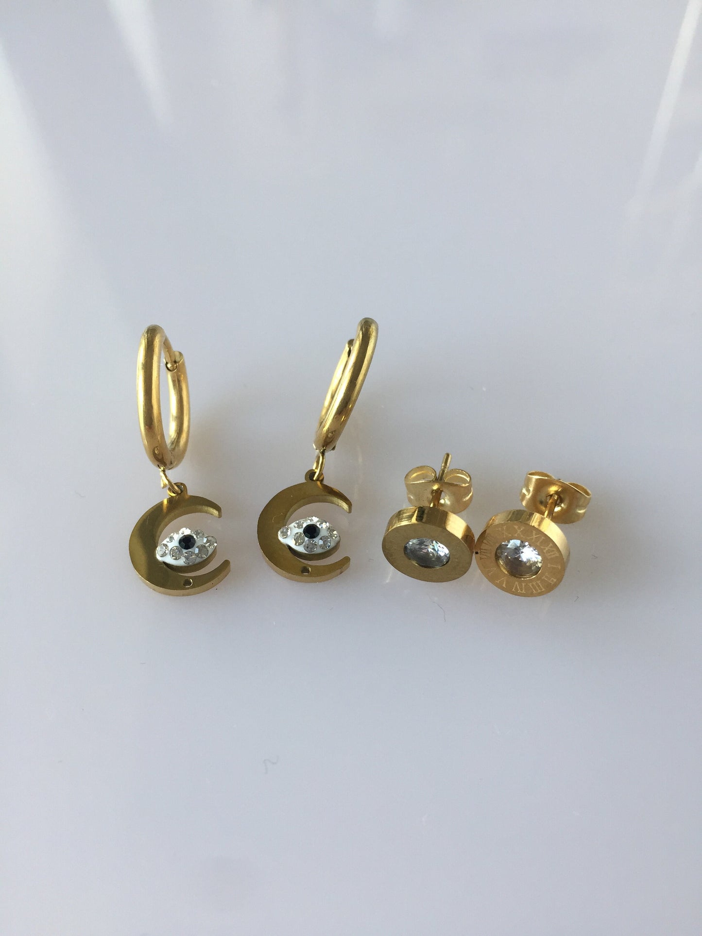 Gold Half Moon Evil Eye Dangle Earrings